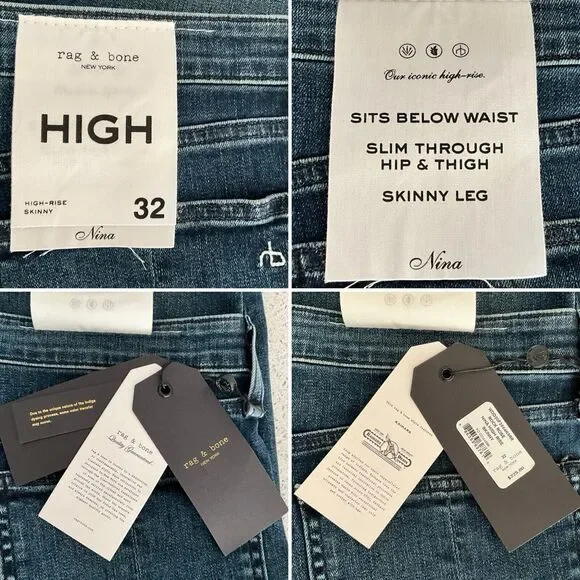 rag & bone Blue Nina Iconic Jeans High Rise Skinny Leg Raw Hem 32